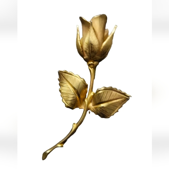 Vtg Feminine Gold Tone Rose Brooch Flower 3D Leaves Branch Stem Dainty Pin - Picture 1 of 10